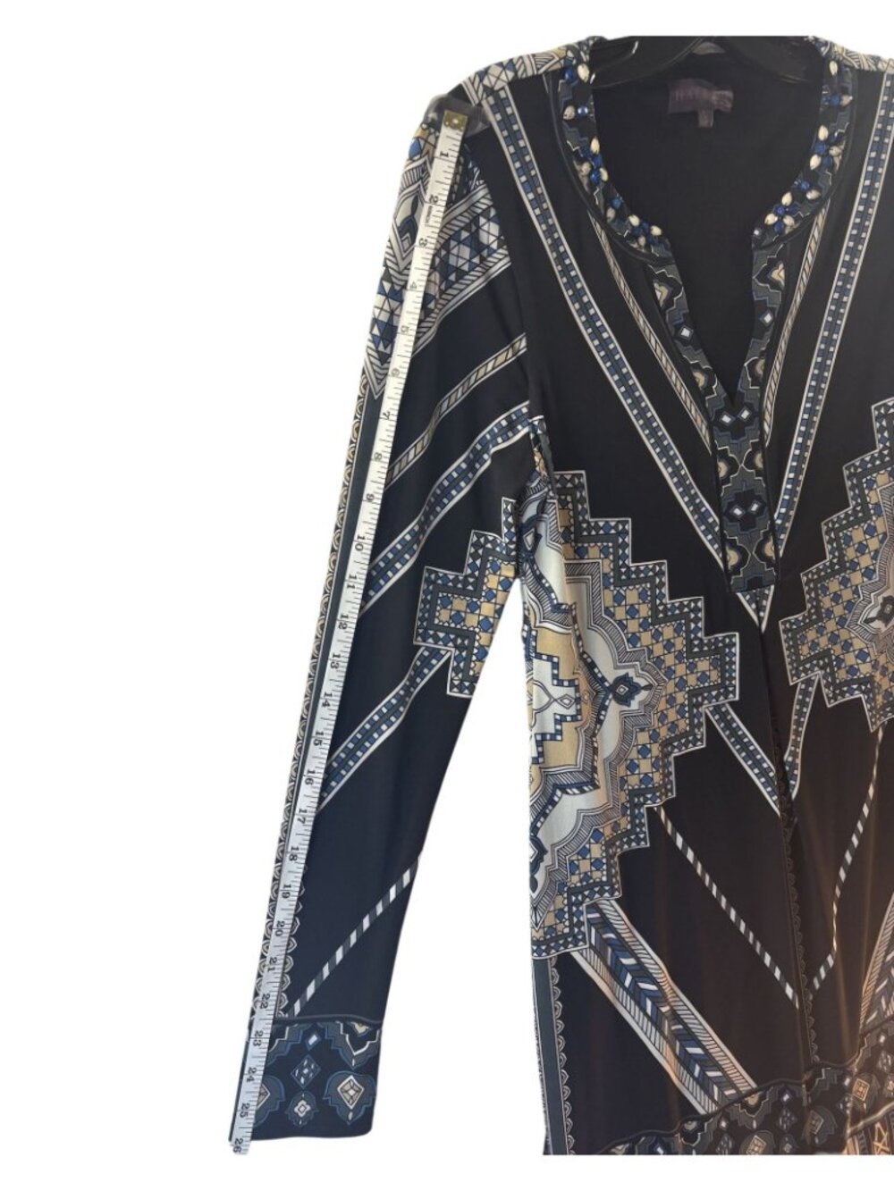 Hale Bob S Beaded Geometric Print Long Sleeve V-Neck Black Tunic Dress - Picture 5 of 6
